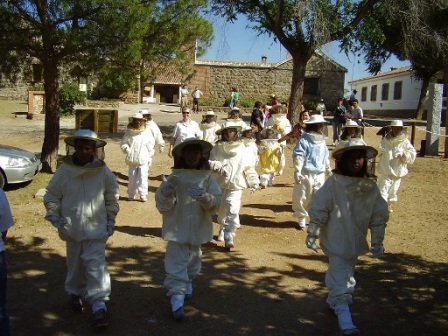 Equipados con trajes apícolas