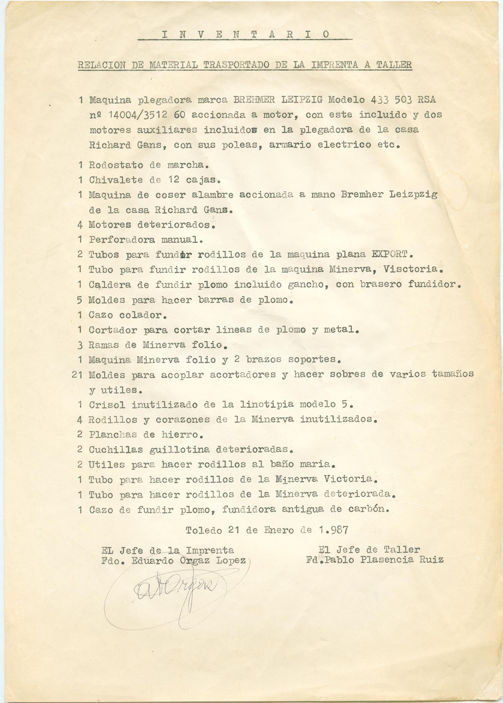 Inventario de material del taller