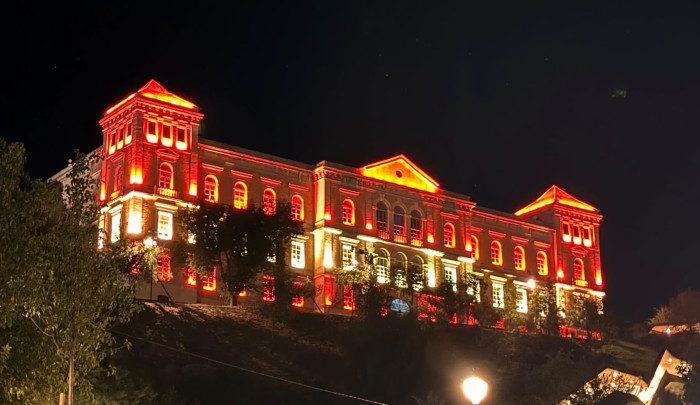Fachada iluminada de la Diputación con los colores de la bandera nacional