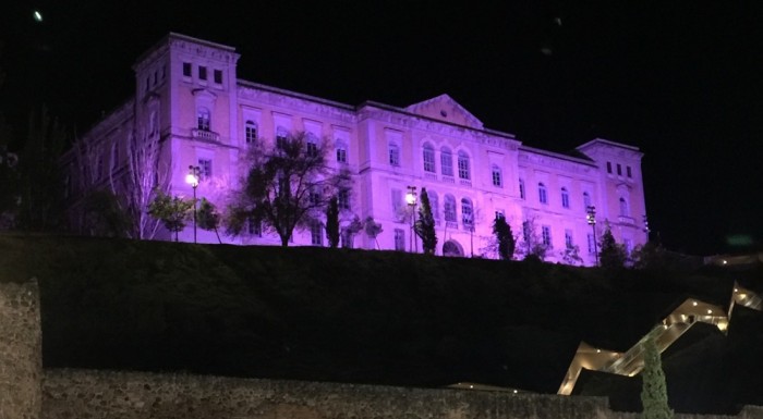 Imagen de La fachada de la Diputación iluminada de morada